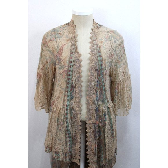 Origami by Vivien Duster Cover Size L Chiffon Sheer Embroidered Boho Tiered - Picture 2 of 10